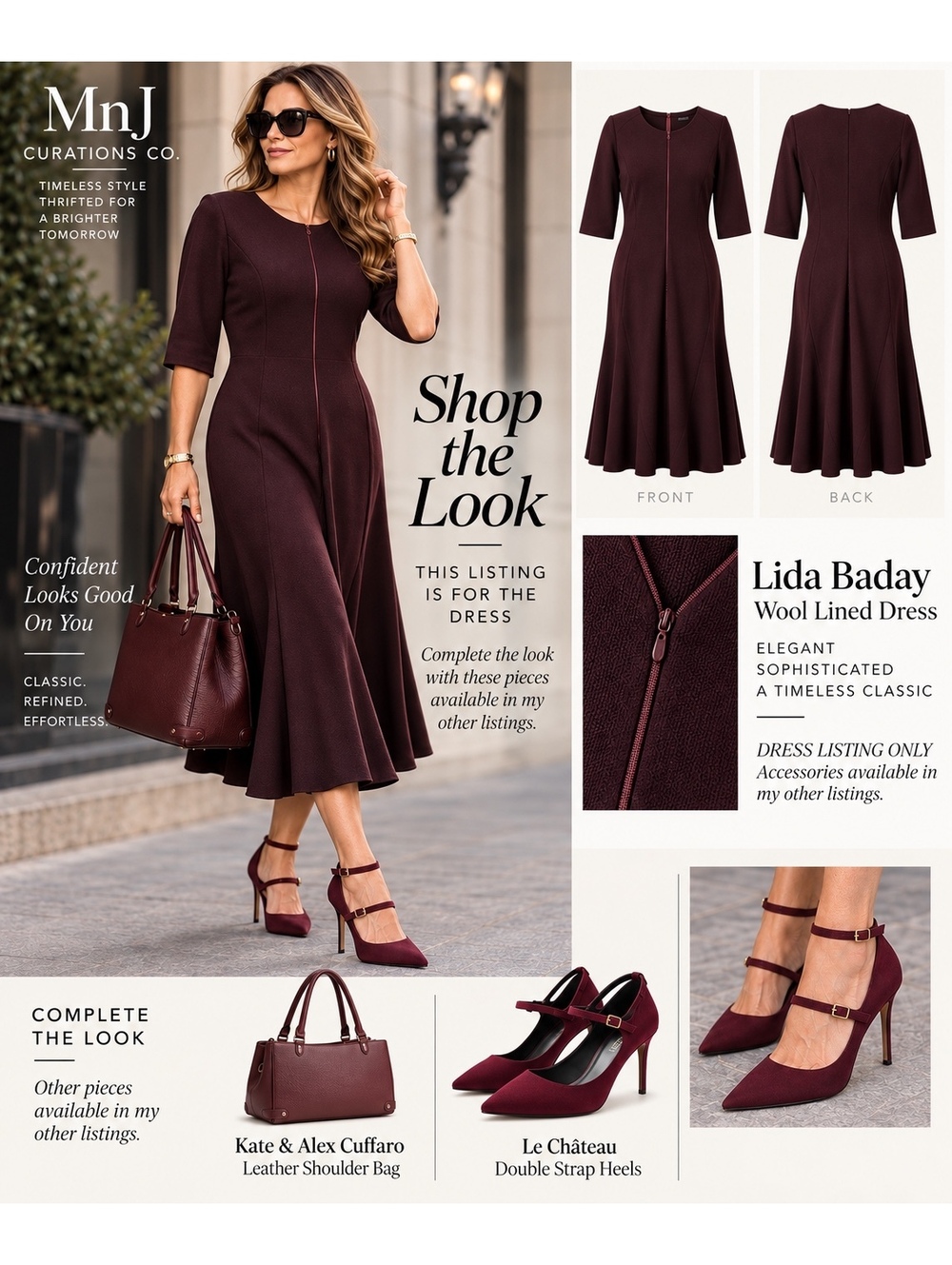 Lida Baday Wool Fit & Flare Midi Dress Aubergine Size 12 Made in Canada